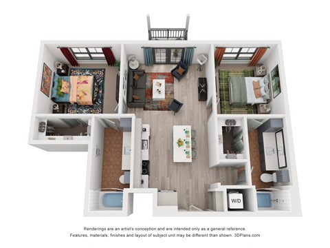 Floor plan for 2 beds, 2 baths, 1040 sqft