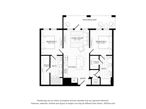 Floor plan for 2 beds, 2 baths, 1008 sqft