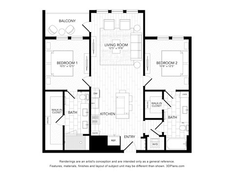 Floor plan for 2 beds, 2 baths, 1106 sqft