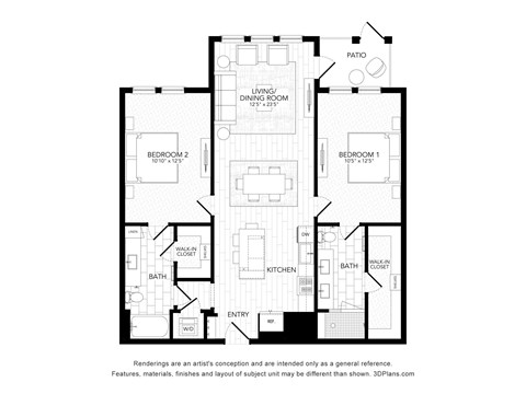 Floor plan for 2 beds, 2 baths, 1238 sqft