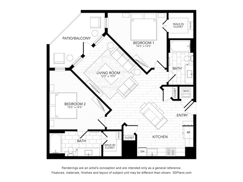 Floor plan for 2 beds, 2 baths, 1139 sqft