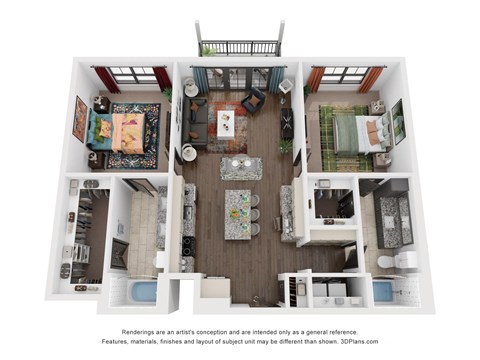 Floor plan for 2 beds, 2 baths, 1221 sqft