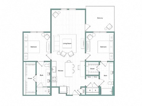 Floor plan for 2 beds, 2 baths, 1317 sqft