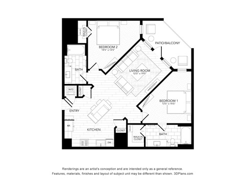 Floor plan for 2 beds, 2 baths, 1118 sqft