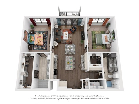 Floor plan for 2 beds, 2 baths, 1303 sqft