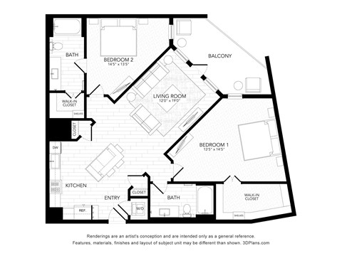 Floor plan for 2 beds, 2 baths, 1256 sqft