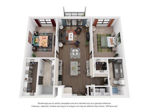 Floor plan for 2 beds, 2 baths, 1384 sqft