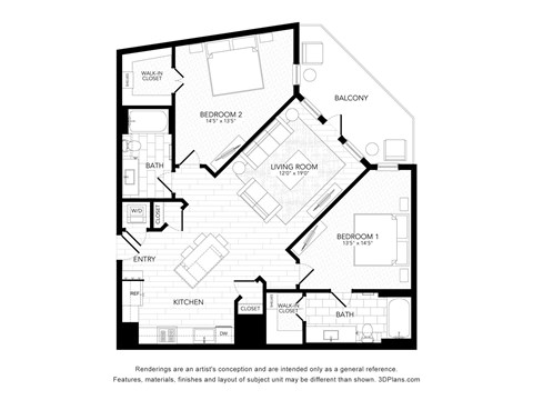 Floor plan for 2 beds, 2 baths, 1181 sqft