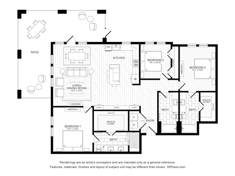 Floor plan for 3 beds, 3 baths, 1644 sqft
