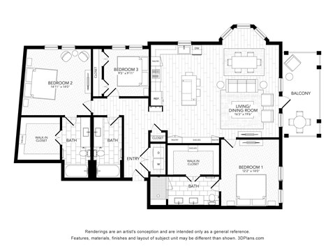 Floor plan for 3 beds, 3 baths, 1749 sqft