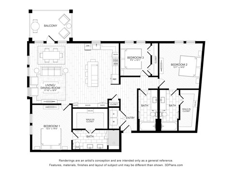 Floor plan for 3 beds, 3 baths, 1672 sqft