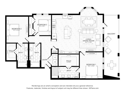Floor plan for 3 beds, 3 baths, 1677 sqft