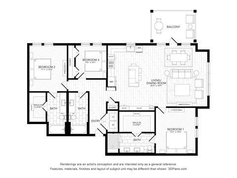 Floor plan for 3 beds, 3 baths, 1694 sqft
