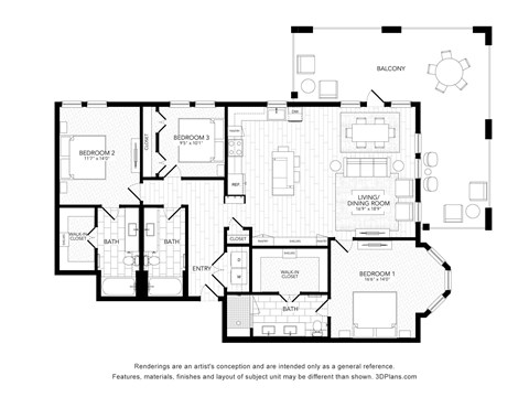 Floor plan for 3 beds, 3 baths, 1659 sqft