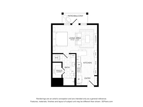 Floor plan for studio, 1 bath, 588 sqft
