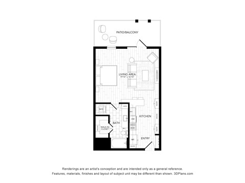 Floor plan for studio, 1 bath, 672 sqft