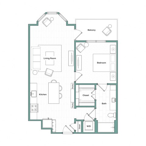 Floor plan for 1 bed, 1 bath, 888 sqft