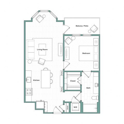 Floor plan for 1 bed, 1 bath, 828 sqft