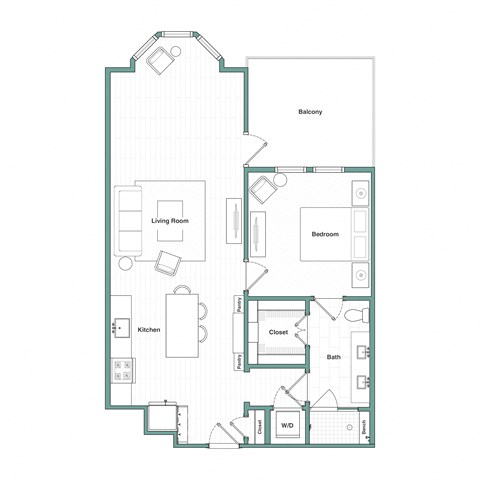 Floor plan for 1 bed, 1 bath, 927 sqft
