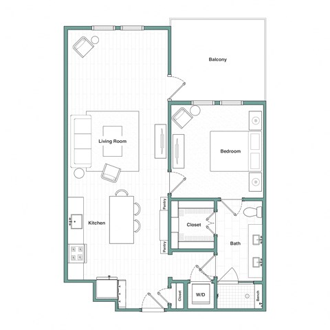 Floor plan for 1 bed, 1 bath, 900 sqft