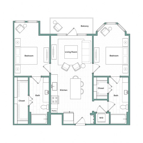 Floor plan for 2 beds, 2 baths, 1069 sqft