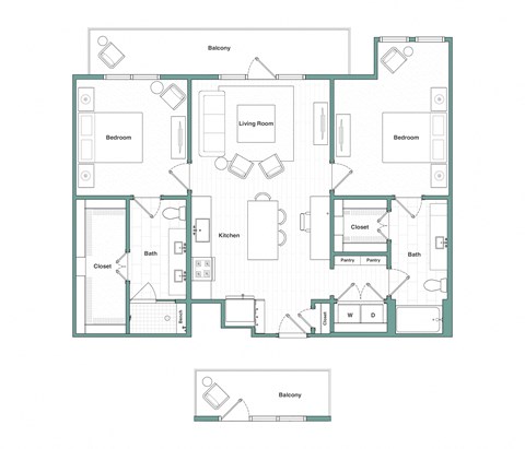 Floor plan for 2 beds, 2 baths, 1134 sqft