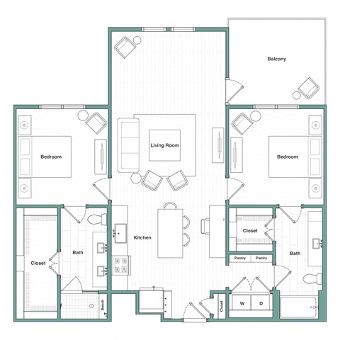 Floor plan for 2 beds, 2 baths, 1317 sqft