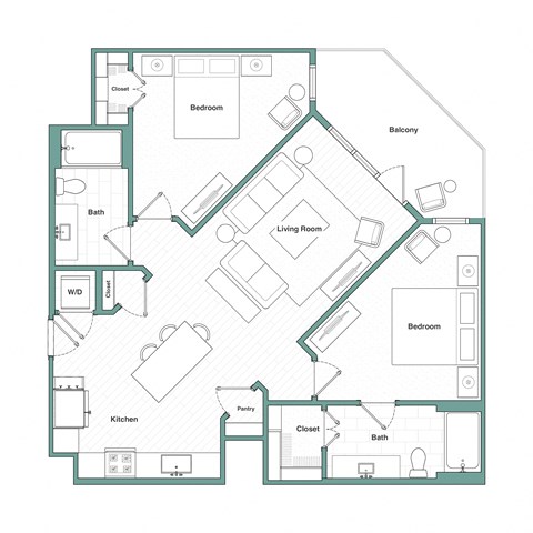Floor plan for 2 beds, 2 baths, 1111 sqft