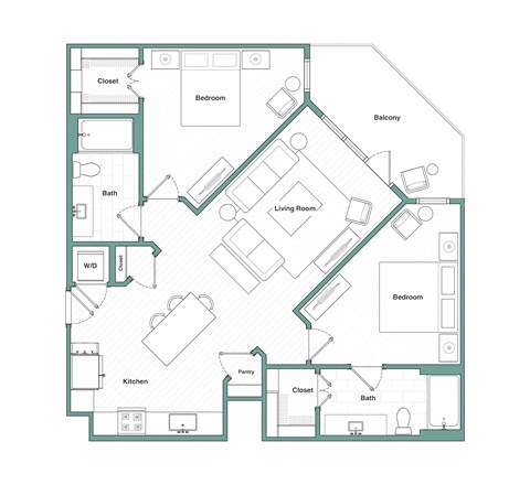 Floor plan for 2 beds, 2 baths, 1140 sqft