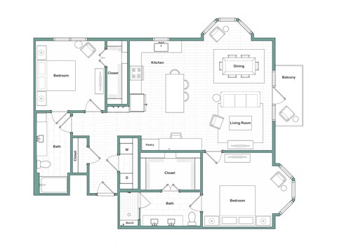 Floor plan for 2 beds, 2 baths, 1426 sqft
