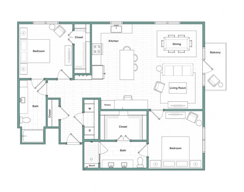 Floor plan for 2 beds, 2 baths, 1372 sqft