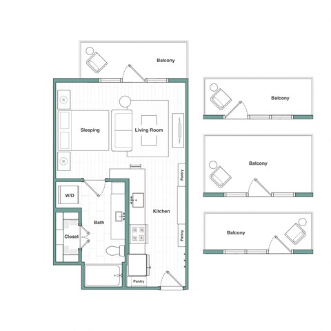 Floor plan for studio, 1 bath, 504 sqft