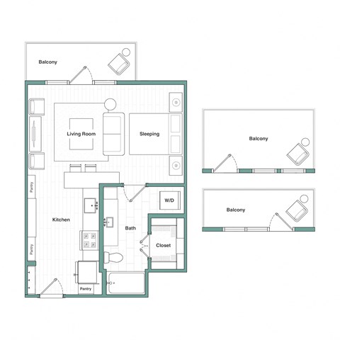 Floor plan for studio, 1 bath, 644 sqft