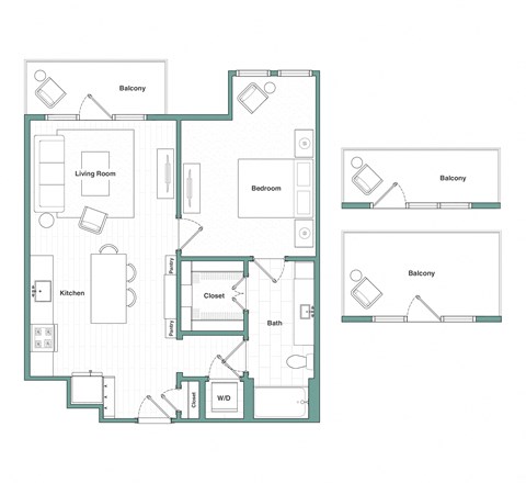 Floor plan for 1 bed, 1 bath, 792 sqft