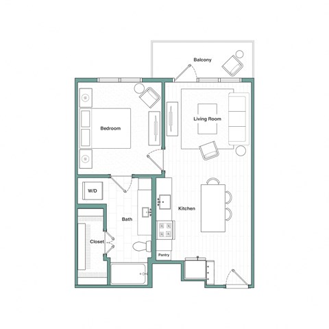 Floor plan for 1 bed, 1 bath, 672 sqft