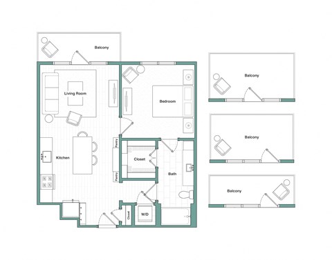 Floor plan for 1 bed, 1 bath, 756 sqft