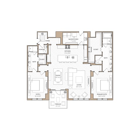 Floor plan for 2 beds, 2.5 baths, 2168 sqft