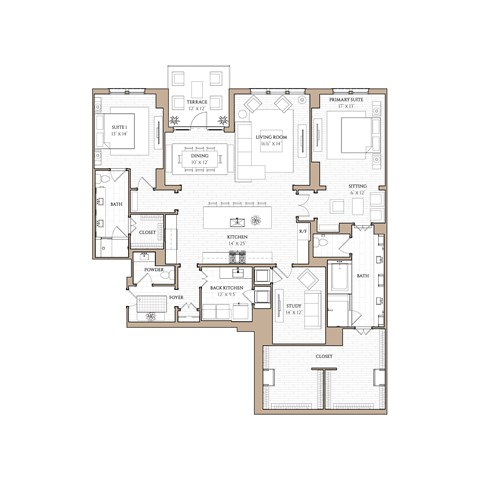 Floor plan for 2 beds, 2.5 baths, 2637 sqft