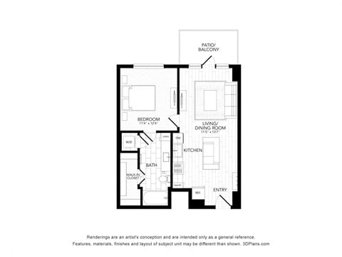 Floor plan for 1 bed, 1 bath, 672 sqft