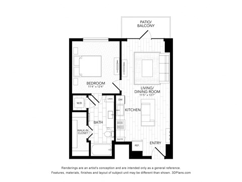 Floor plan for 1 bed, 1 bath, 720 sqft