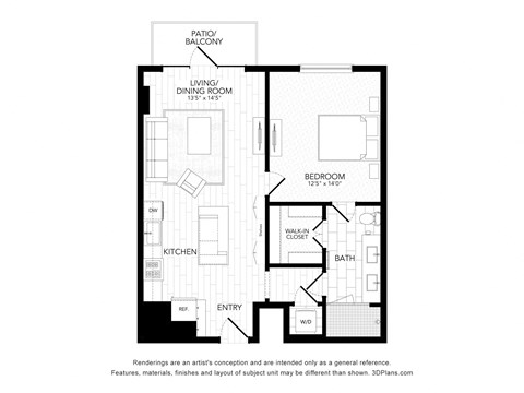 Floor plan for 1 bed, 1 bath, 813 sqft