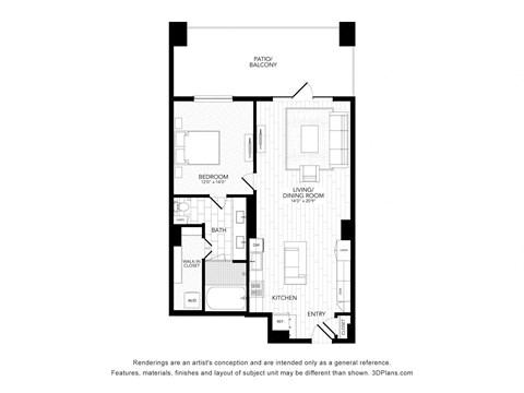 Floor plan for 1 bed, 1 bath, 927 sqft