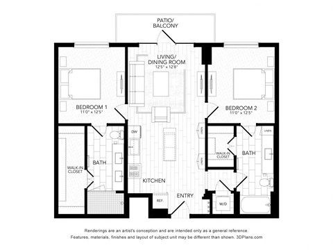 Floor plan for 2 beds, 2 baths, 1008 sqft