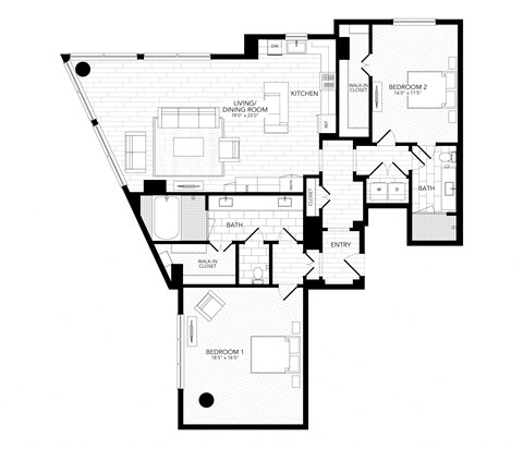 Floor plan for 2 beds, 2 baths, 1722 sqft
