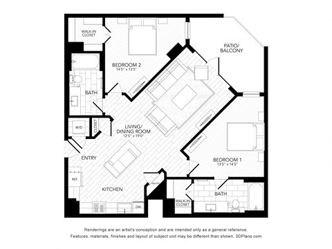 Floor plan for 2 beds, 2 baths, 1138 sqft