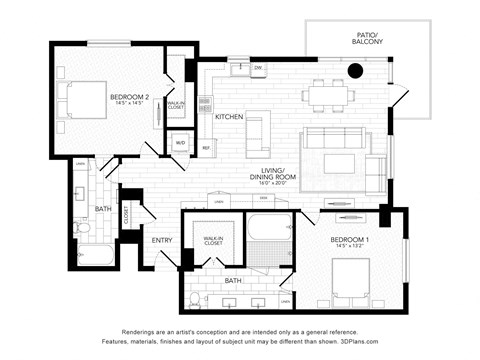Floor plan for 2 beds, 2 baths, 1401 sqft