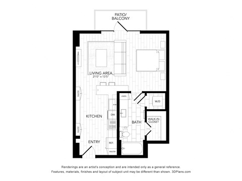 Floor plan for studio, 1 bath, 588 sqft