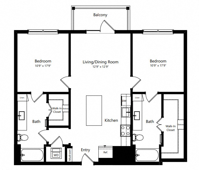 Floor plan for 2 beds, 2 baths, 1137 sqft