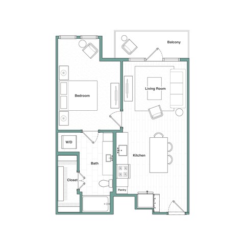 Floor plan for 1 bed, 1 bath, 708 sqft