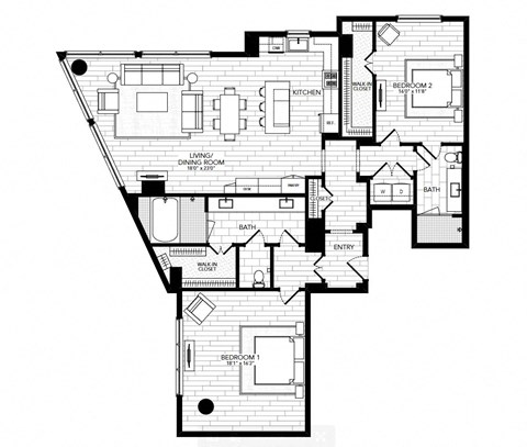 Floor plan for 2 beds, 2 baths, 1830 sqft